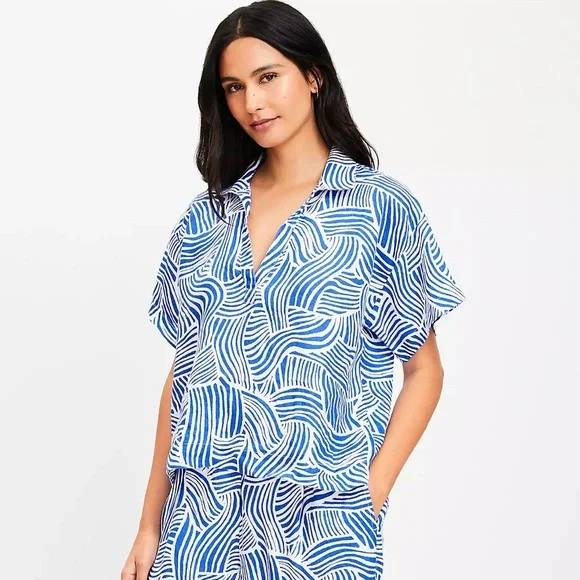 LOFT Beach Spiral 100% Linen Wide Leg Size L oversized set - Picture 2 of 9